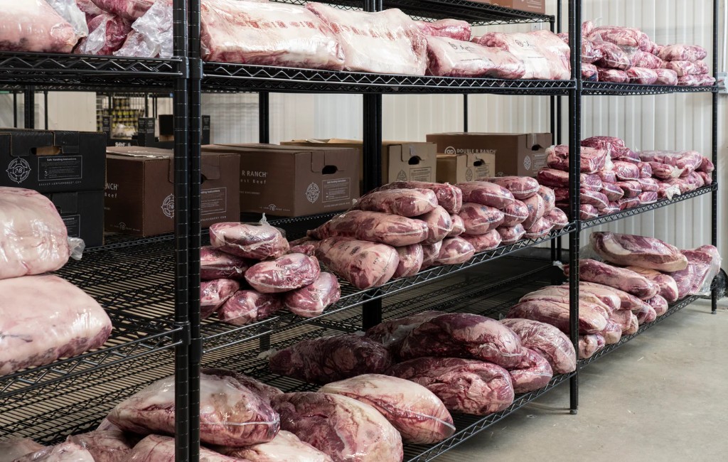Wholesale meat stock in cold storage shelves